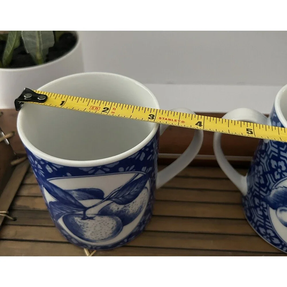 Pier 1 Cobalt Blue and White Fruit Design Cherries & Oranges Coffee Mugs EC